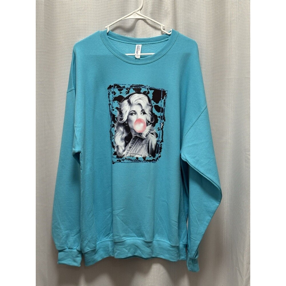Dolly Parton Bubble Gum Graphic Sweatshirt Women XL Turquoise Jerzees Cow Print